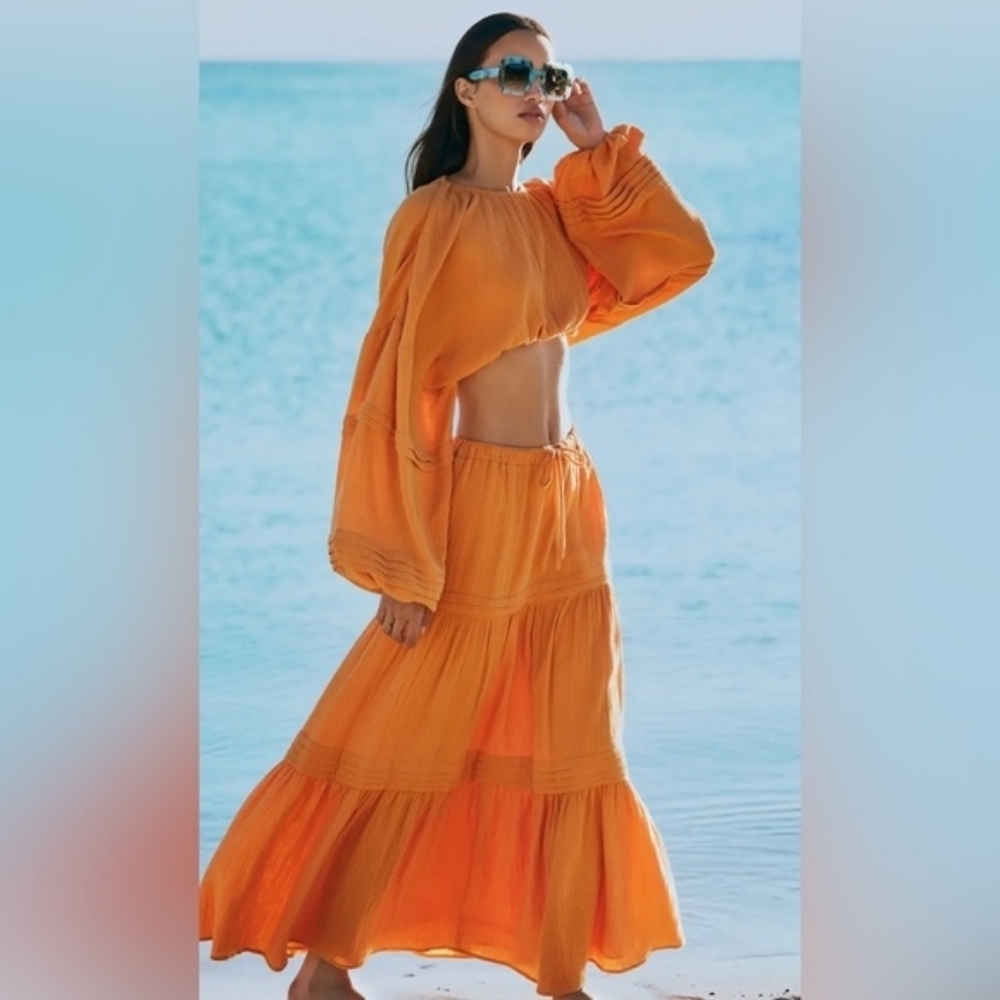 NWT Charlie Holiday Anthropologie Tiered Monica‎ Skirt Orange Sorbet Size Small
